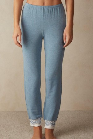 Light Blue Women's Intimissimi Romantic Bedroom Cuffed Full Length Pants in Modal with Wool Pajamas | AU1991KIR