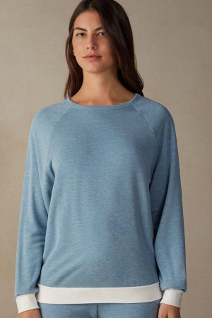 Light Blue Women's Intimissimi Romantic Bedroom Contrast Trim Top in Modal with Wool Pajamas | AU1891CEI