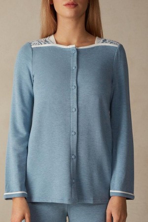 Light Blue Women's Intimissimi Romantic Bedroom Button Up Top in Modal with Wool Pajamas | AU1890XFU