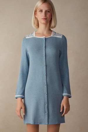 Light Blue Women's Intimissimi Romantic Bedroom Button Up Night Shirt in Modal with Wool Pajamas | AU1820EXG