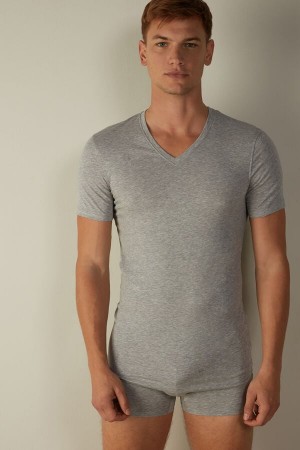 Light Grey Men's Intimissimi V-neck in Stretch Supima® Cotton T Shirts | AU1027HKW