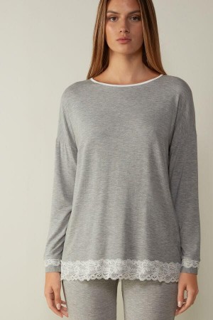 Light Grey Women's Intimissimi Long-Sleeve Round-Neck Modal Top Pajamas | AU1851ISZ