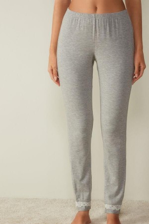 Light Grey Women's Intimissimi Long Modal Lace Detail Trousers Pajamas | AU2024NBA