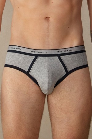 Light Grey / Blue Men's Intimissimi Stretch Supima® Cotton with Logo Detail Briefs | AU1354TVJ