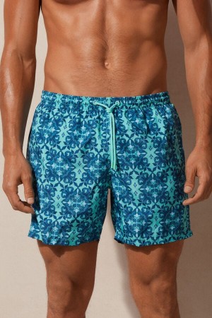 Light Turquoise / Green Men's Intimissimi Light Blue Moroccan Print Swim Trunks | AU1289KIR