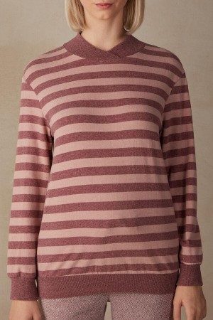 Pink / Dark Pink Stripes Women's Intimissimi Winter Candies Striped Long Sleeve Top Pajamas | AU1887KIR