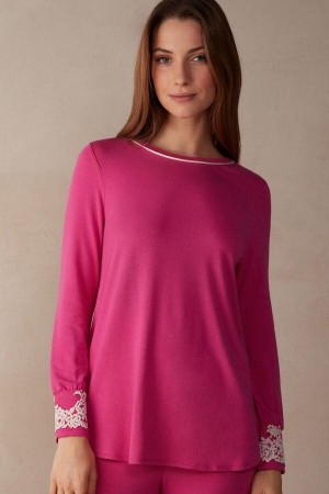 Pink / White Women's Intimissimi Pretty Flowers Modal Top Pajamas | AU1897WYF