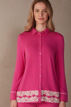 Pink / White Women's Intimissimi Pretty Flowers Button Up Shirt in Modal Pajamas | AU1896QZD