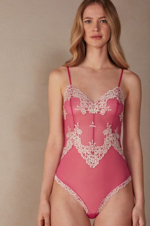 Pink / White Women's Intimissimi Pretty Flowers Tulle and Lace Bodysuit | AU2161YUK