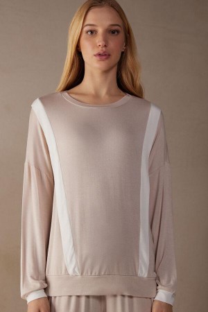Pink / White Women's Intimissimi Simple Elegance Long Sleeve Top in Modal Pajamas | AU1895MAS