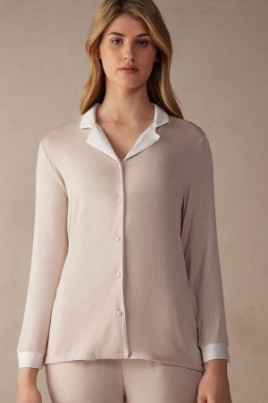 Pink / White Women's Intimissimi Simple Elegance Open Front Cardigan in Modal Pajamas | AU1894NBA