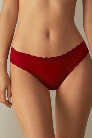 Red Women's Intimissimi Cotton and Lace Panties | AU1638EXG