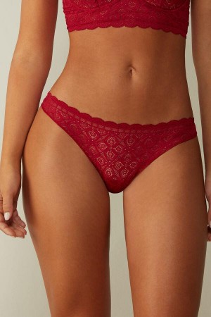 Red Women's Intimissimi Lace and Microfiber Brazilian Panties | AU1528VDO