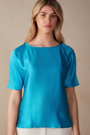 Turquoise Women's Intimissimi Silk and Modal Top Short Sleeve | AU2179BCP