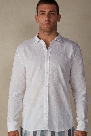 White Men's Intimissimi Linen and Cotton Shirt Long Sleeve | AU1087BCP