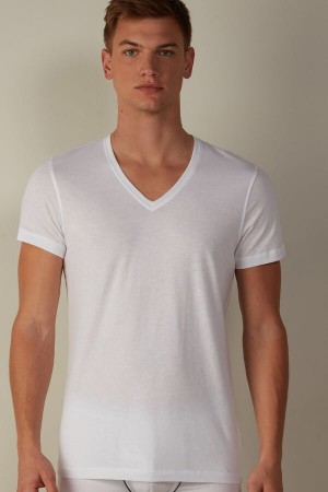 White Men's Intimissimi Short-Sleeve V-Neck in Extra-Fine Supima® Cotton T Shirts | AU1024DNN