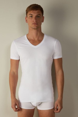 White Men's Intimissimi V-neck in Stretch Supima® Cotton T Shirts | AU1017YUK