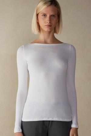 White Women's Intimissimi Bateau Neck Top in Micromodal Long Sleeve | AU2218APV