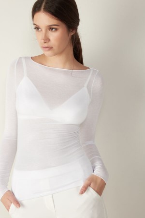 White Women's Intimissimi Boat Neck Modal Cashmere Ultralight Top Long Sleeve | AU2230VDO