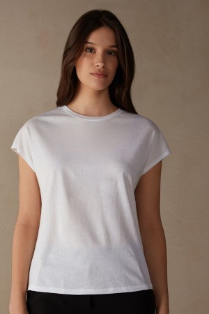 White Women's Intimissimi Crew Neck Top in Supima® Ultrafresh cotton Short Sleeve | AU2181MAS