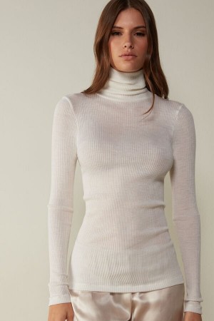 White Women's Intimissimi High-Neck Tubular Top in Wool and Silk Long Sleeve | AU2239YUK