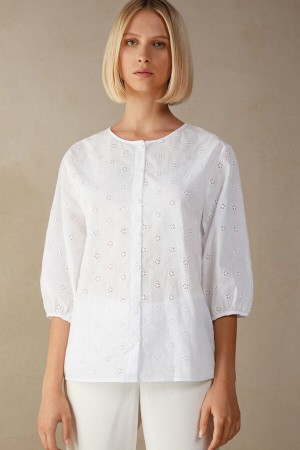 White Women's Intimissimi Morning Feelings Shirt in Plain Weave Cotton Long Sleeve | AU2223HKW
