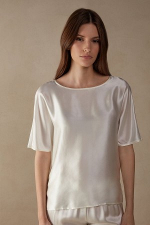 White Women's Intimissimi Silk and Modal Top Short Sleeve | AU2186TVJ
