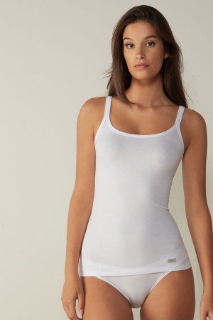 White Women's Intimissimi Spaghetti Strap in Cotton Tank Top | AU2382CET
