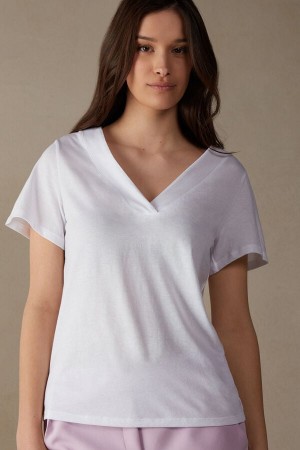 White Women's Intimissimi V-neck Top in Supima® Ultrafresh Cotton Short Sleeve | AU2184EXG