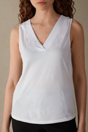 White Women's Intimissimi V-neck in Supima® Ultrafresh Cotton Tank Top | AU2320YUX