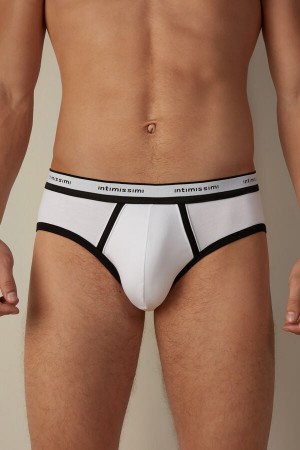 White / Black Men's Intimissimi Stretch Supima® Cotton with Logo Detail Briefs | AU1344XFU