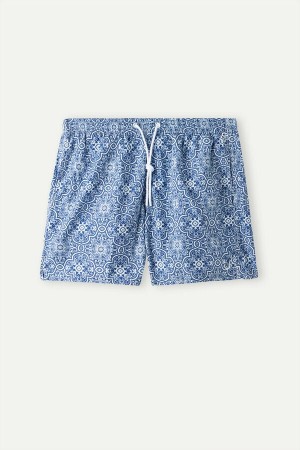 White / Blue Men's Intimissimi Blue Majolica Print Swim Shorts | AU1315KIR