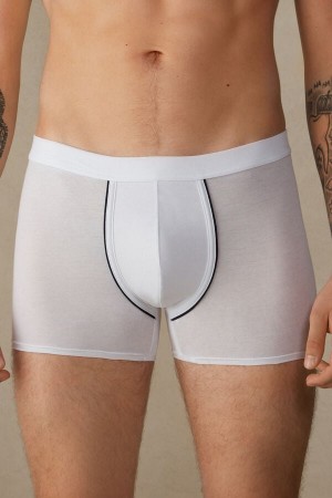 White / Blue Men's Intimissimi Natural Fresh Supima® Cotton Boxer | AU1453MAS