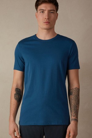 White / Blue Men's Intimissimi Short Sleeve Crew Neck in Supima® Cotton T Shirts | AU1033CEI