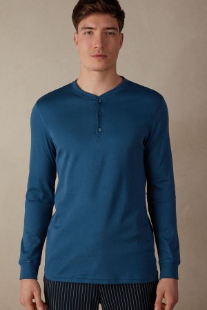 White / Blue Men's Intimissimi Supima Interlock Top Long Sleeve | AU1079HKW