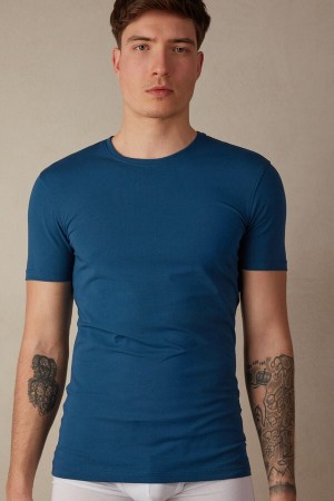 White / Blue Men's Intimissimi in Stretch Supima® Cotton T Shirts | AU1031ZGY