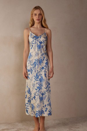 White / Blue Women's Intimissimi Feeling Beautiful Long Satin Nightgown Lingerie | AU2089SOB