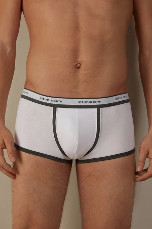 White / Deep Grey Men's Intimissimi Stretch Supima® Cotton Shorts with Logo Detail Boxer | AU1469HKW