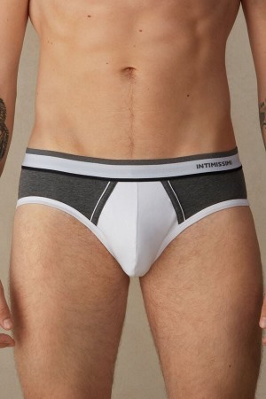 White / Deep Grey Men's Intimissimi Two-Tone Stretch Supima® Cotton Briefs | AU1349MAS