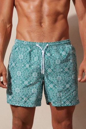 White / Green Men's Intimissimi Green Majolica Print Swim Trunks | AU1287HKW