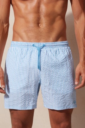 White / Light Blue Men's Intimissimi Stripe Print Seersucker Swim Shorts | AU1312GLQ