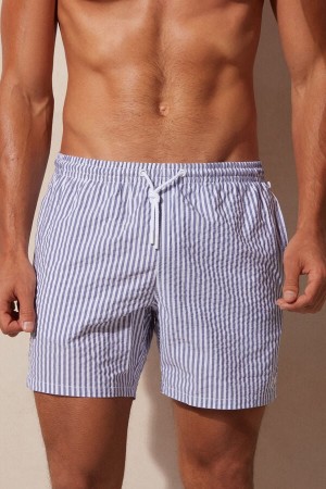 White / Navy / Blue Men's Intimissimi Stripe Print Seersucker Swim Trunks | AU1300EXG
